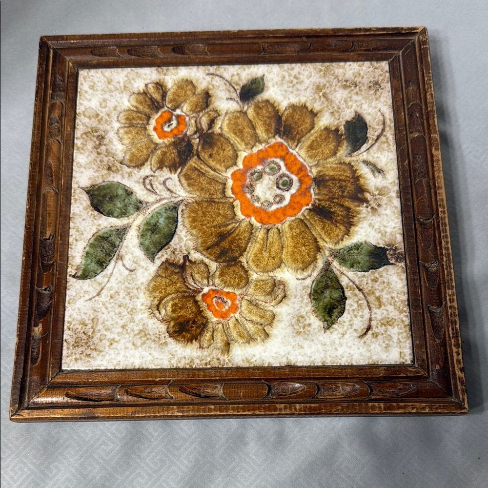 Vintage Floral MCM Tile Trivet with Wooden Frame Santerno Imolda Made in Italy